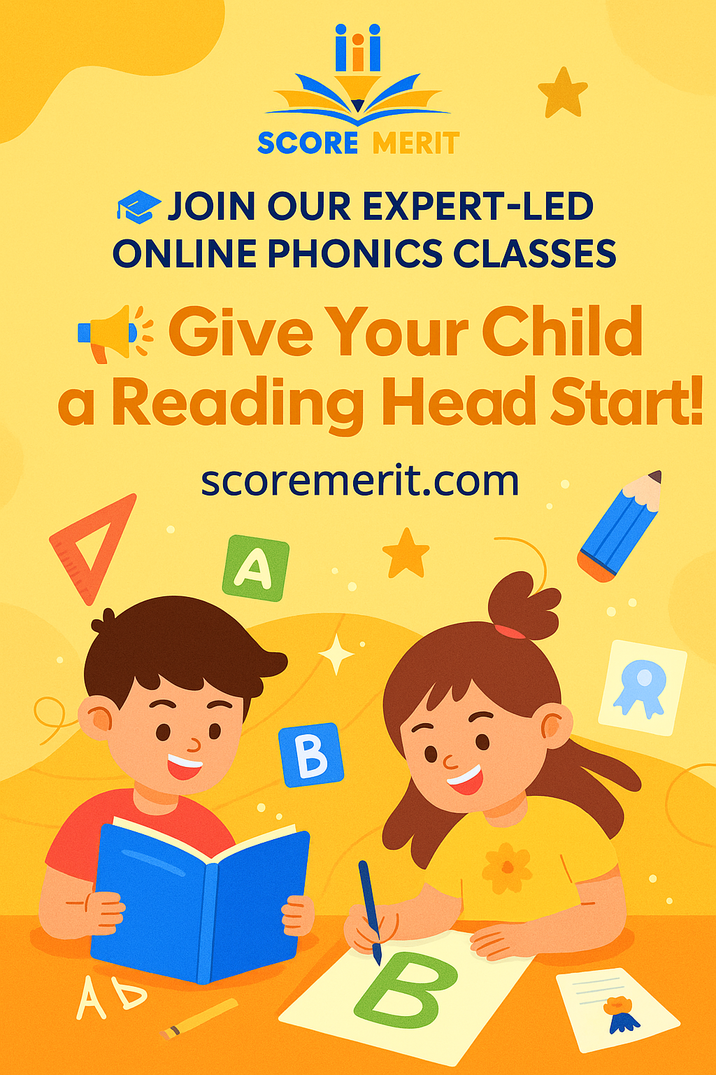 Score Merit phonics class promotional poster with children learning letters, a book, and the tagline 'Give Your Child a Reading Head Start.
